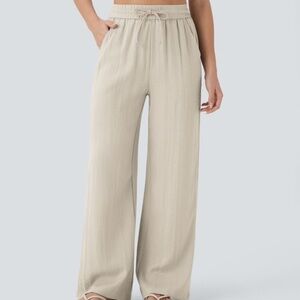 High Waisted Drawstring Pocket Wide Leg Casual Linen-Feel Pants